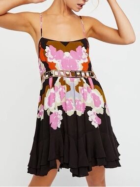 Free People Black Mini Dress with Pink Floral Print